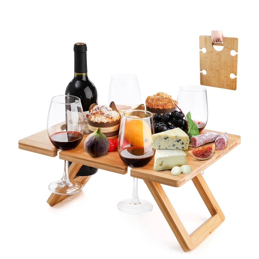 Tirrinia Large Outdoor Wine Table Foldable Portable Bamboo Bottle 4 Glasses New‎